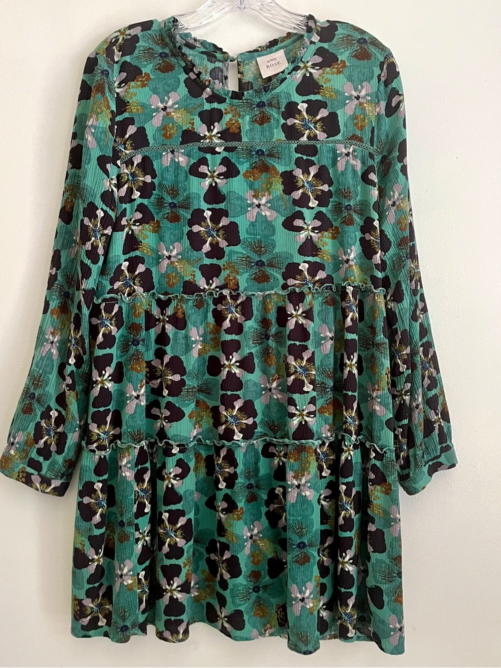 Knox Rose Teal Floral Tiered Mini Dress L Boho Cottagecore Festival